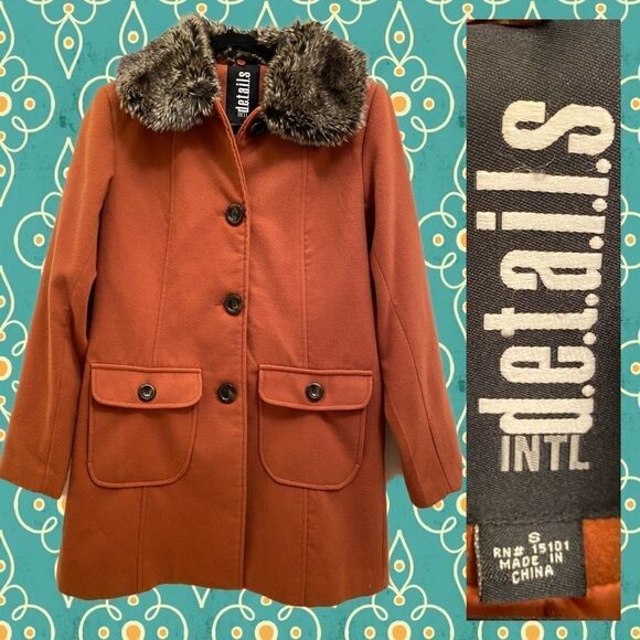 Burnt brown Mod Coat w/ Faux Fur Collar Details Intl Retro Fall Jacket S NWOT - Picture 2 of 11